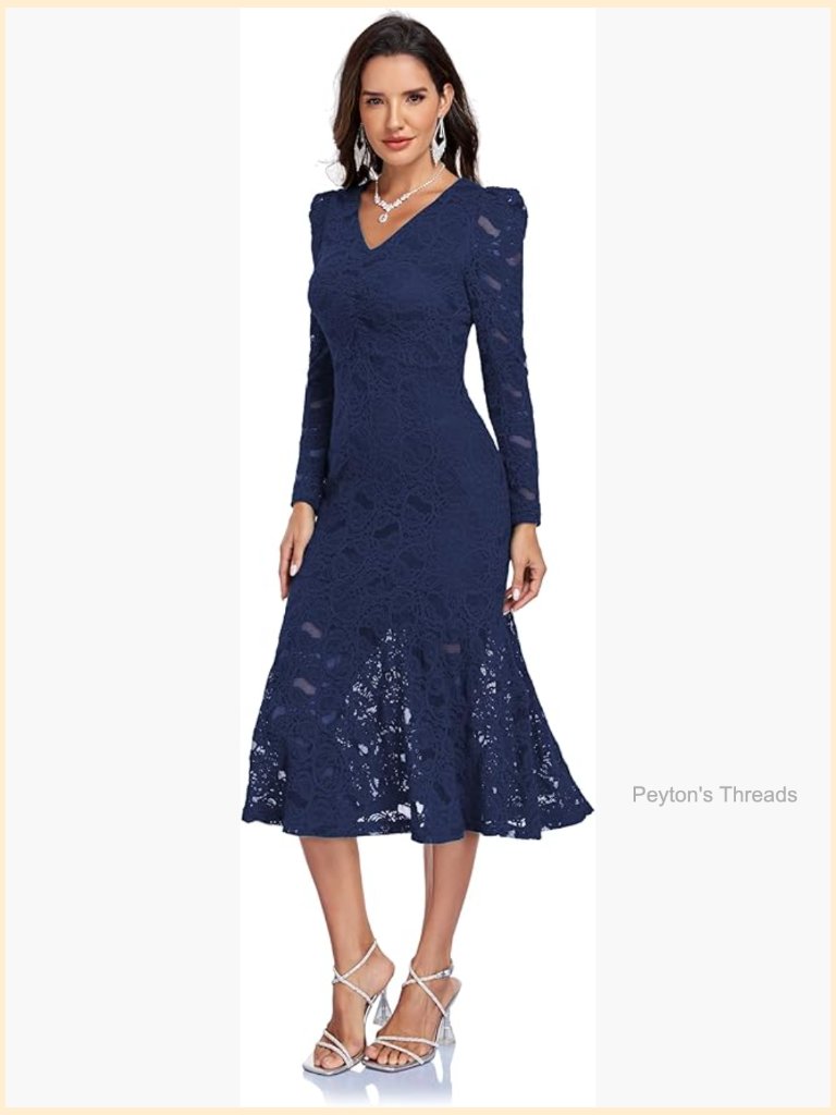 Lace Long Sleeve Mermaid Dress V Neck Cocktail Wedding Guest Ruffle Formal Midi